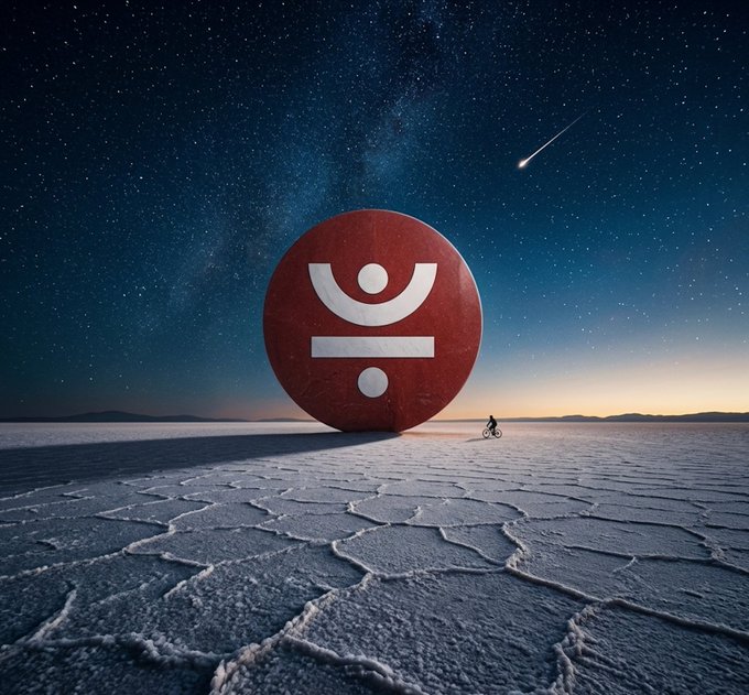 A lone cyclist pauses before a massive red TRON logo monument rising from a vast, cracked salt flat under a brilliant starry sky, with a shooting star streaking overhead—evoking the vast, maturing landscape of the DeFi ecosystem. The towering symbol represents how TRON has grown from an idea into foundational infrastructure anchoring a thriving, expanding community.
