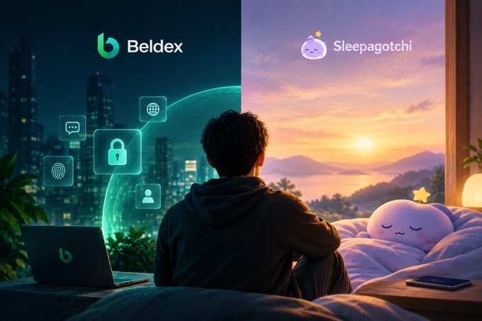 A split-screen illustration shows 'Beldex' on the left with a person using a laptop and security-themed icons over a city skyline, and 'Sleepagotchi' on the right with a cute purple sleeping character on a bed at sunset.