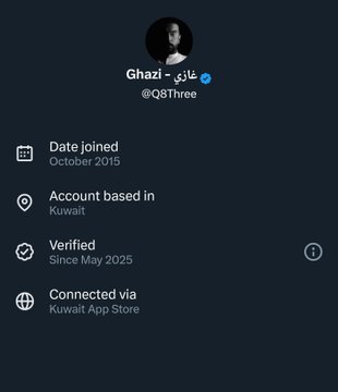 A social media profile on a dark background shows the user "Ghazi - غازي" (@Q8three), verified since May 2025, with the account based in Kuwait.