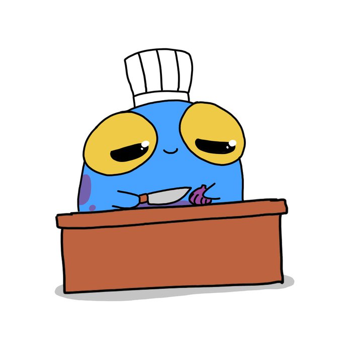 A cute blue frog-like character wearing a white chef's hat stands behind a brown cutting board, holding a knife and chopping a purple onion with a sleepy, content expression. This chef Friggle matches the NFT collection's described style of hand-drawn, expressive little frog characters with playful personalities.