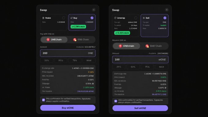 Two dark-themed cryptocurrency swap interface panels are displayed, showing options to "Buy stONE" and "Sell stONE" with various rate calculations and network selections.