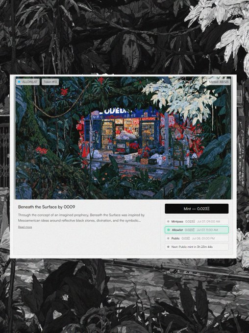 A digital artwork titled 'Beneath the Surface by 0009' is displayed in a marketplace interface (ALLOWS LIST, Token #13, Minted 49/125), inspired by Mesoamerican reflective black stones.