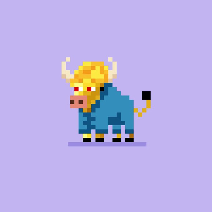 A pixel art illustration of a yellow bull-like creature with horns wearing a blue sweater on a purple background.