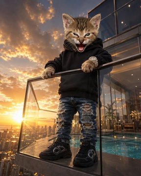 A cool cat dressed in a black hoodie, ripped jeans, and boots leans on a glass balcony railing with a sunset cityscape and rooftop pool in the background, fitting the "views" caption by showcasing a stylish scene with a breathtaking urban skyline.