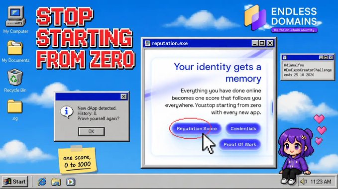 A retro Windows XP-styled desktop interface parodying 'Endless Domains' with a 'reputation.exe' window, a 'STOP STARTING FROM ZERO' headline, and an anime-style character with purple hair in the corner.