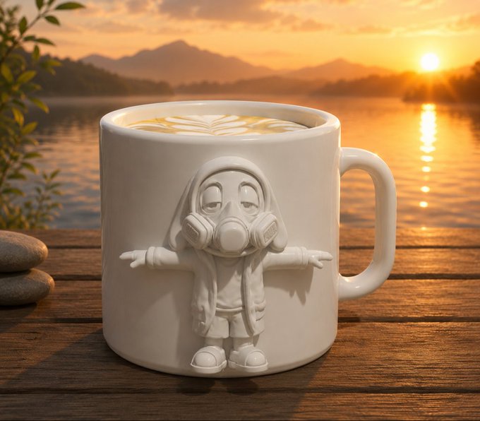 A white ceramic mug featuring a 3D sculpted figure wearing a gas mask and hood sits on a wooden surface, filled with coffee and set against a serene sunset over a lake with mountains in the background.