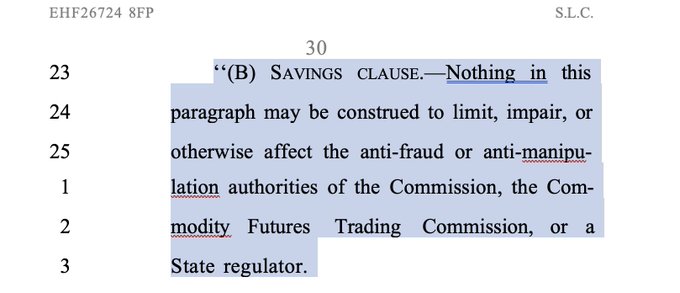 A highlighted legal text excerpt reading: 'SAVINGS CLAUSE.—Nothing in this paragraph may be construed to limit, impair, or otherwise affect the anti-fraud or anti-manipulation authorities of the Commission, the Commodity Futures Trading Commission, or a State regulator.'