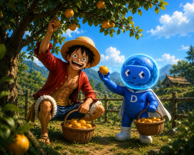 An anime-style illustration of a character resembling Luffy from One Piece picking yellow fruits alongside a blue-suited character with a bubble helmet marked 'D' under a fruit tree.