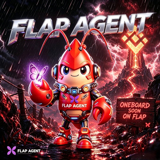 The image features a cartoon robot with red arms, legs, and antennae standing next to a sign that says "One board coming soon on Flip Agent". The robot appears to be holding a butterfly in its hands. The background of the image is dark and stormy, creating an intense atmosphere for the scene.