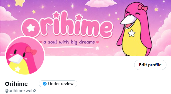 A social media profile banner for 'Orihime' (@orihimexweb3) featuring a pink bird-like character with a beak, under review status, with text reading 'a soul with big dreams'.