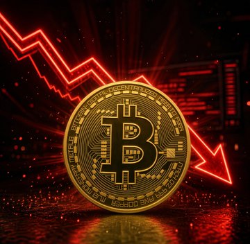A golden Bitcoin coin sits prominently in the foreground against a backdrop of red downward-trending arrows and data charts, symbolizing a market decline. The visual ties directly to the post's news of stalled #Bitcoin Clarity Act negotiations, conveying the negative sentiment surrounding the legislative setback.