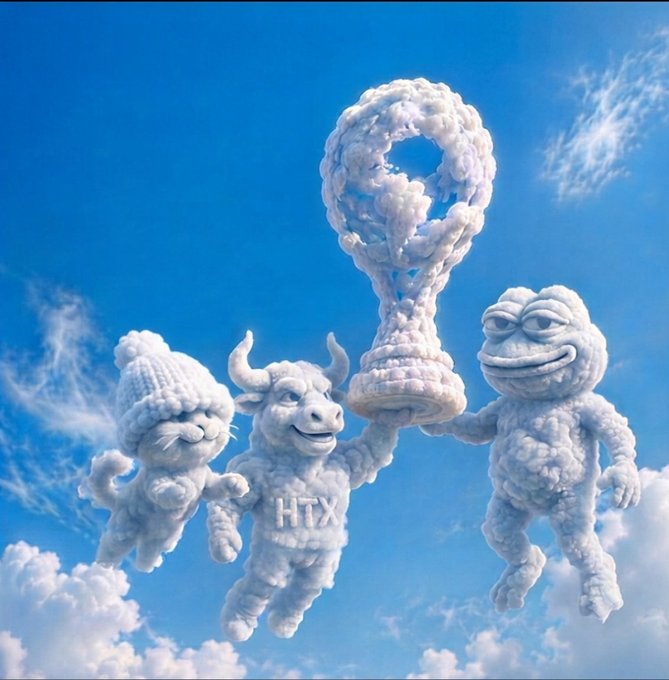 A surreal digital artwork showing three cloud-like figures in a blue sky—a cat in a beanie, a bull wearing an 'HTX' shirt, and a troll-like creature—holding up a cloud trophy.
