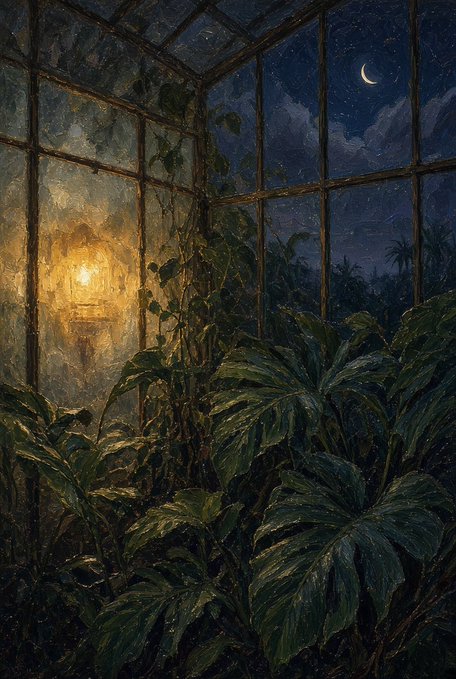 A moody painting depicts a greenhouse interior at night filled with lush green tropical plants, illuminated by a warm lantern while a crescent moon shines through the glass ceiling.