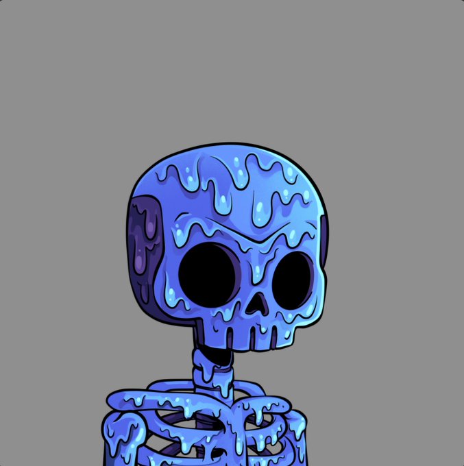 A digital illustration of a blue skeleton with a melting, dripping texture on a plain gray background.