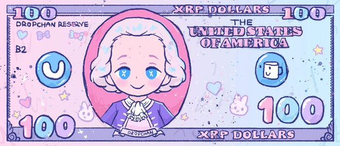 A digital illustration of a 100 'XRP DOLLARS' bill featuring a chibi-style character with white hair and blue eyes, labeled 'DROPCHAN RESERVE' and 'THE UNITED STATES OF AMERICA'.