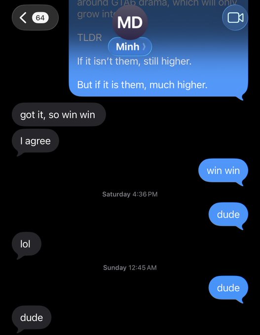 A screenshot of an iMessage conversation featuring a contact named "Minh" (with "MD" initials) and messages like "dude," "lol," "win win," and "got it, so win win" exchanged across Saturday and Sunday. The post humorously imagines a friend running a massive portfolio gain of $25k to $500k over a weekend with minimal commentary ("dude dude dude"), and envisions Minh turning $1k into $1M onchain as a powerful onboarding story.