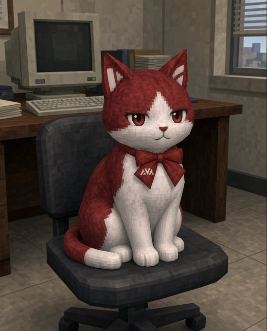 A 3D rendered red and white cat with a red bow tie sits on a black office chair in an office setting, with a vintage computer monitor, keyboard, and a desk visible in the background.