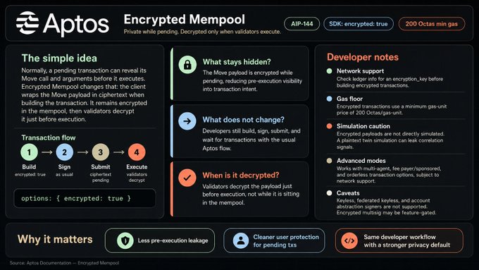 The image shows a screenshot of an APTOS page that explains the concept of an "Encrypted Mempool". The page has a black background, white text, and various icons representing different aspects of the encryption process. It also includes a list of questions about the encryption process, which is designed to help users understand how their transactions are protected by the encryption scheme.