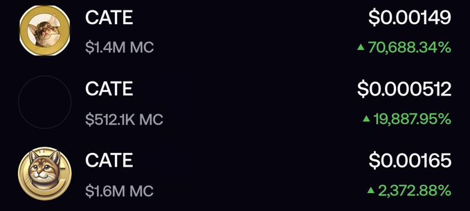 The image shows three different $CATE memecoins (cat-themed tokens) with drastically different market caps and prices: $1.4M MC at $0.00149 (+70,688.34%), $512.1K MC at $0.000512 (+19,887.95%), and $1.6M MC at $0.000165 (+2,372.88%). The screenshot illustrates the poster's frustration with the proliferation of low-quality cat-themed memecoins flooding the market, which they say has driven them away from crypto trading toward stocks and sports betting.
