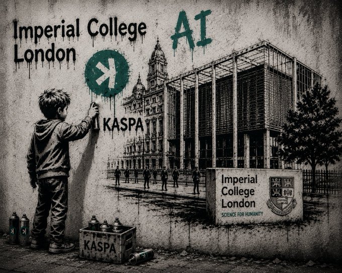 A graffiti-style mural features a young boy spray-painting a Kaspa logo alongside "Imperial College London," "AI," and "KASPA" text, with the college's "Science for Humanity" crest and architecture in the background—visually symbolizing the post's message of bringing Kaspa ($KAS) to Imperial College London's blockchain community.
