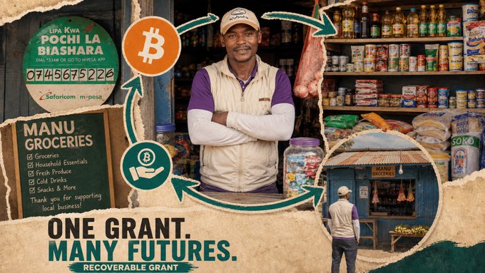A promotional collage for 'Pochi La Biashara' showing a man named Manu at his grocer shop with Bitcoin logos and the tagline 'ONE GRANT. MANY FUTURES. RECOVERABLE GRANT.'