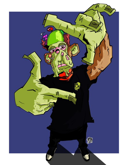 A cartoon illustration of a grotesque green zombie-like character with an exposed brain, wearing a black t-shirt, set against a solid blue background.