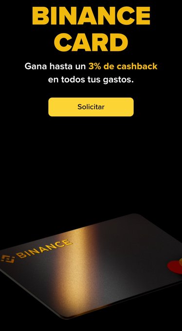 The image is a Binance Card promotional ad featuring a sleek black card with gold Binance branding, advertising up to 3% cashback on all expenses with a "Solicitar" (Request) button, directly promoting the crypto debit card launch in Venezuela mentioned in the post.