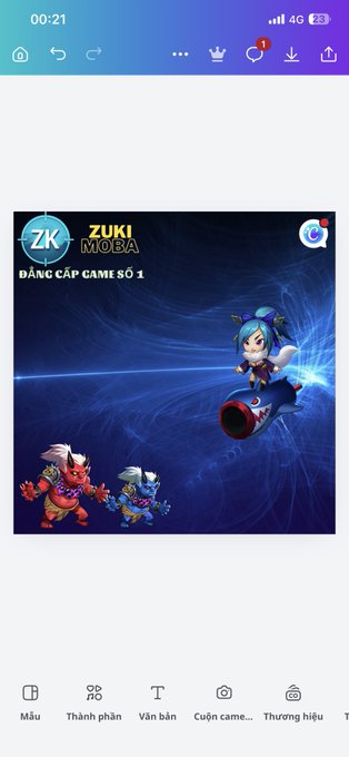 The image is a promotional graphic for the mobile game "Zuki MOBA," featuring the tagline "Đẳng cấp game số 1" (Top-tier game #1) and showcasing three stylized chibi characters against a dark blue background with the "ZK" logo. It appears to be the design the user created for the Zukimoba project, which they mention earned them $300 despite the project's $500 pool being split and diluted on exchange listings.