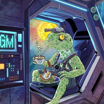 An illustrated cartoon of an anthropomorphic green lizard or frog character wearing a tactical harness, holding a teacup while seated in a futuristic cockpit, with a 'GM' display screen nearby.