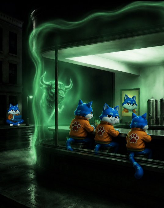 A surreal nighttime diner scene features multiple Shiba Inu mascot characters wearing orange jackets with paw prints, sitting at a counter bathed in eerie green mist alongside a ghostly bull silhouette. The haunting, otherworldly atmosphere visually reinforces the post's ominous warning of "signs" to come for $TOSHI holders.