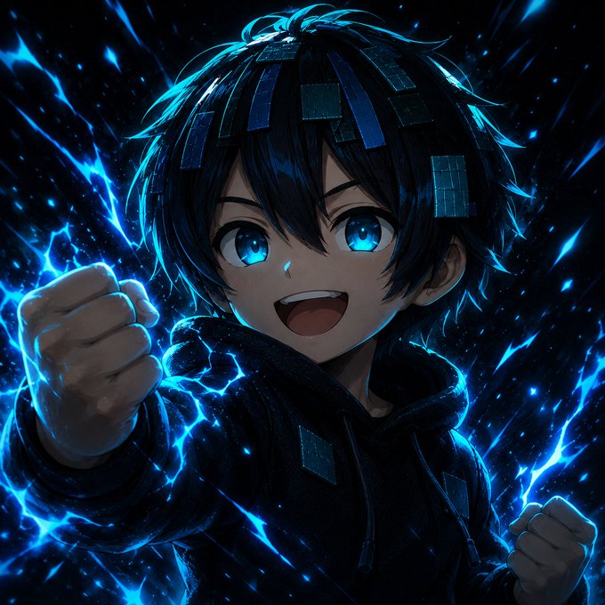 An anime-style character with dark hair and glowing blue eyes smiles with clenched fists, surrounded by crackling blue lightning effects.