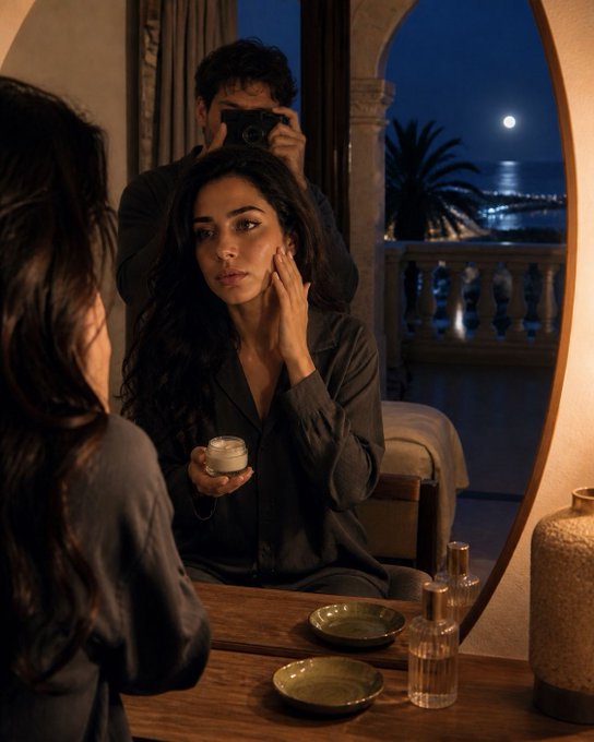 A woman in grey silk pajamas applies skincare cream while taking a mirror selfie with a camera, with a moonlit ocean view behind her.