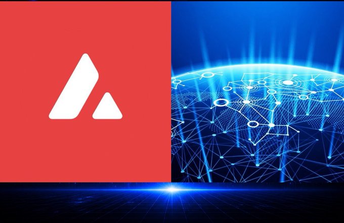 A split-screen graphic featuring the white Avalanche (AVAX) logo on a red background on the left, and a glowing blue digital network globe on the right.