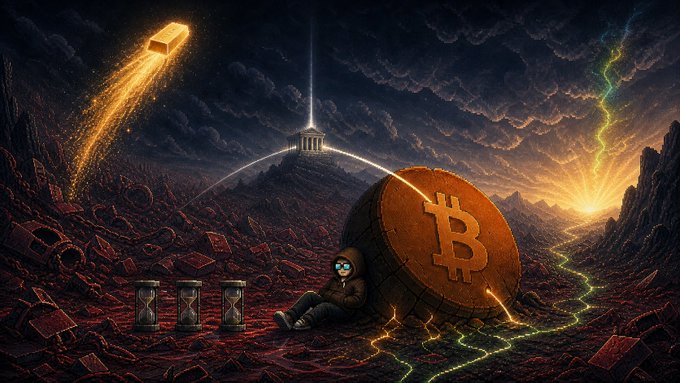 A hooded figure sits slumped beside a massive Bitcoin coin and hourglasses in a desolate, red landscape, symbolizing market exhaustion and stalled momentum. Lightning and a falling golden bar streak across the stormy sky above, reflecting the post's frustration over Bitcoin's sluggish 3-hour delay in reacting to a Treasury-driven gold surge and the largest short liquidation event in history.