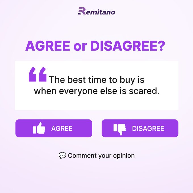 Remitano app prompt asking 'AGREE or DISAGREE?' on the quote: 'The best time to buy is when everyone else is scared,' with agree/disagree buttons.