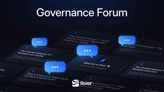 The image displays a "Governance Forum" header featuring multiple floating forum discussion cards (such as "Countermeasure 1.2: Buyback List Update" and "Welcome to River!") with chat bubble icons, representing community decision-making on the River platform. This connects to the post's theme of River (satUSD) simplifying cross-chain asset management by consolidating governance and protocol discussions into a single community hub, eliminating the need to juggle multiple browser tabs and chains.