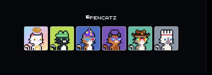 Pixel art avatars labeled 'OPENCATZ' showing six cat characters with different accessories including a halo, green helmet, purple crown, headphones, cowboy hat, and chef hat.