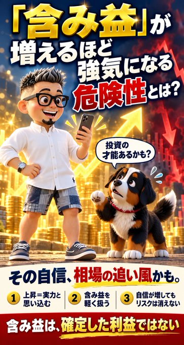 Japanese YouTube-style thumbnail featuring a cartoon man with glasses holding a phone, a worried-looking dog, and text warning about the dangers of unrealized gains ('含み益') becoming more bullish.