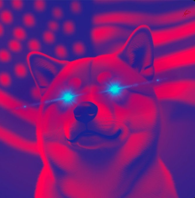 A stylized digital illustration of a Shiba Inu dog with glowing blue eyes, rendered in neon red and blue tones against a background resembling a stylized American flag.