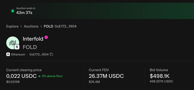 An auction interface for the token "FOLD" on Interfold, showing a clearing price of 0.022 USDC, an FDV of 26.37M USDC, and a bid volume of $498.1K.