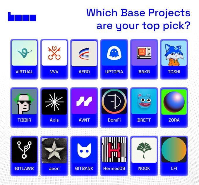 A grid of 16 square icons, each representing a Base Project, is displayed against a white background with black text and logos for various projects.