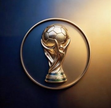 The image features a golden trophy, likely a soccer trophy, placed within a circle or ring. The trophy appears to be made of metal and has a gold finish that shines against the dark background. The trophy is positioned at the center of the frame, drawing attention to its significance. In the surrounding area, there are several texts written in different languages, which may provide information about the trophy's history or origin.