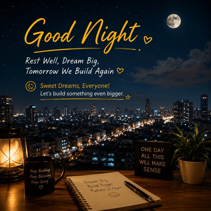 A nighttime cityscape with a glowing moon and laptop/lantern setup displays inspirational messages including "Good Night," "Rest Well, Dream Big, Tomorrow We Build Again," "Dream Big, Build Bigger, Future is Ours," "Keep Building, Keep Believing, Keep Going," and "One Day All This Will Make Sense." The motivational aesthetic reinforces the post's theme of grinding through long crypto days with optimism and forward-looking ambition.