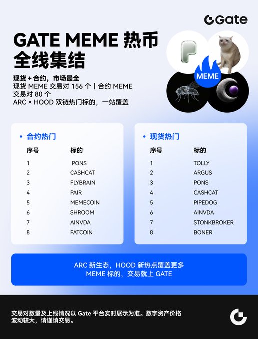 Gate.io promotional graphic for 'GATE MEME' hot tokens covering contract and spot markets, listing top tokens like PONS, CASHCAT, FLYBRAIN, PAIR, MEMECOIN, SHROOM, AINVDA, and FATCOIN for contracts, and TOLLY, ARGUS, PONS, CASHCAT, PIPEDOG, AINVDA, STONKBROKER, BONER for spot.