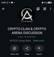 A mobile app screen showing 'CRYPTO CLAN & CRYPTO ARENA DISCUSSION' group with 1016 members under the 'CRYPTOCLANARENA' logo.
