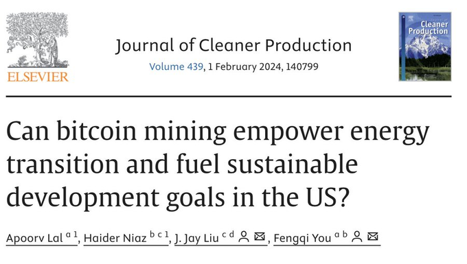 The header of an academic paper from the "Journal of Cleaner Production" titled "Can bitcoin mining empower energy transition and fuel sustainable development goals in the US?" by Apoorv Lal, Haider Niaz, J. Jay Liu, and Fengqi You.