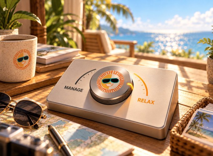 A silver device labeled 'Manage' and 'Relax' with a central dial featuring a sun wearing sunglasses sits on a wooden table, accompanied by a coffee mug and sunglasses against a sunny seaside backdrop.