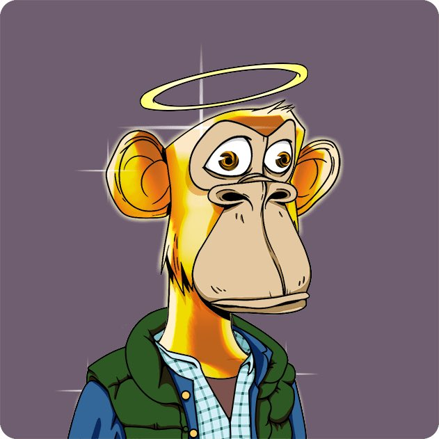 In the image, there's a drawing or cartoon of an orange monkey wearing a green jacket. The monkey has a red halo around its forehead, giving it a radiant appearance. It appears to be standing against a purple background, possibly for an advertisement or artistic piece. In one sentence, "let me ask, what did they buy this nft for it'", the image includes some text that talks about a person selling a nft for $96.5 ETH or $193,000 up to now still don' t get why someone would pay so much money for it.