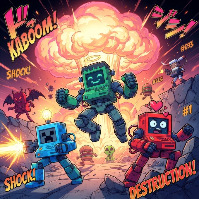A retro robot battle scene features a green robot with a glowing halo bursting from a massive mushroom cloud explosion, surrounded by comic-style text reading "KABOOM!", "SHOCK!", "DESTRUCTION!", and "BANG!" alongside "#1", "#666", and "#69$" — visually amplifying the "Beep Boop Sub 100K Can Never Die" rallying cry with explosive, over-the-top robot warrior energy that signals an unstoppable, unkillable community of meme lords.