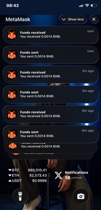 A screenshot of the MetaMask mobile app showing a notification history of small BNB transactions and current cryptocurrency prices for BTC, ETH, and USDT.